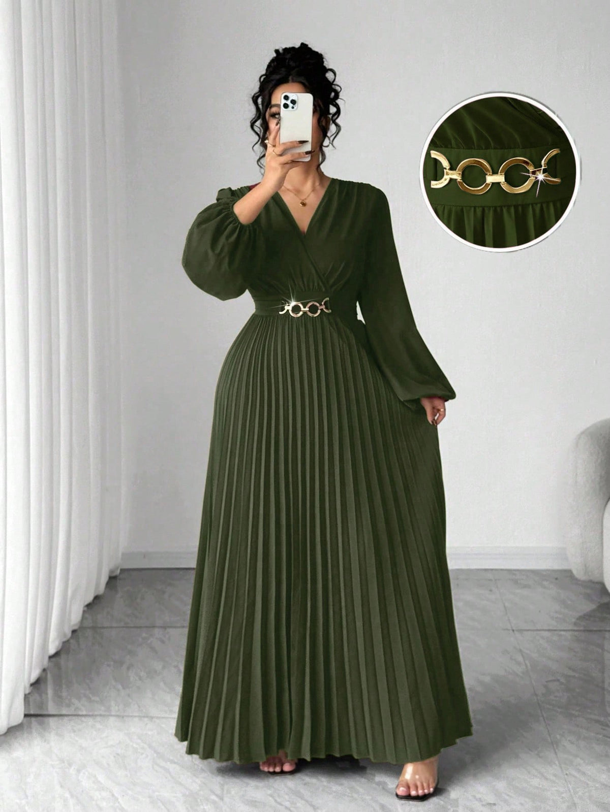 Plus Size Pleated Maxi Dress — Long Sleeve, Metal Buckle Waist