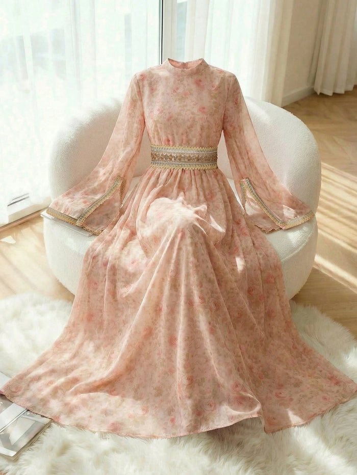 Elegant Stand Collar Tie-up Flare Sleeve Dress