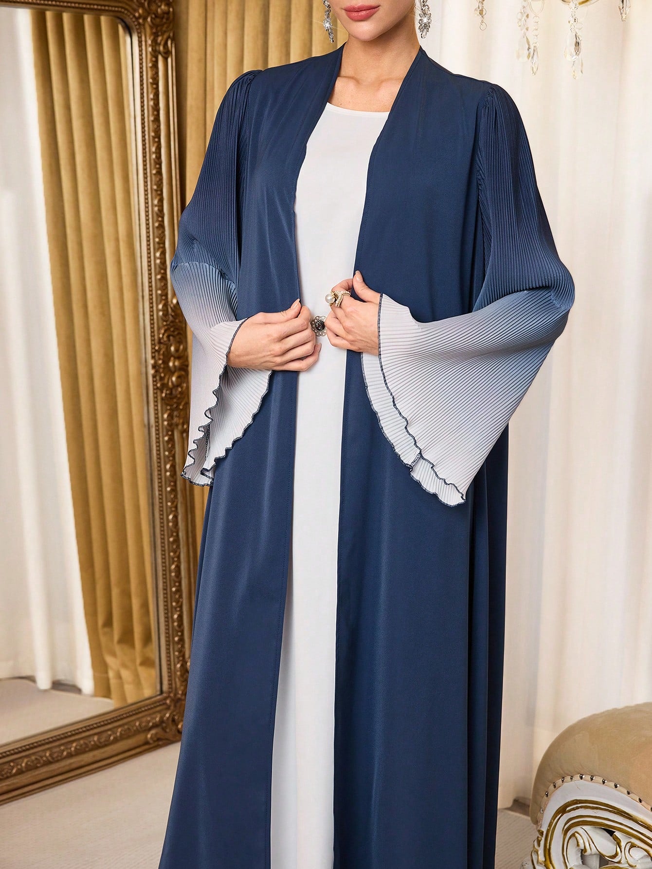 Women's Elegant Ombre Print Flare Sleeve Arabic Abaya Robe Open Abaya
