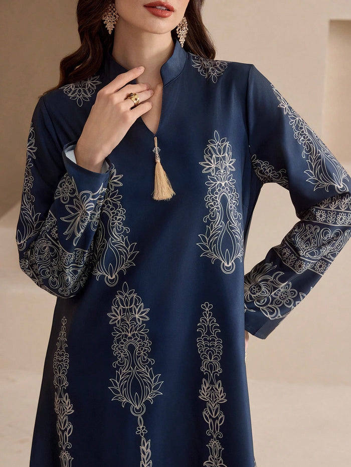 New Notched Neck Gold Tassel Fringe Embroidery Elegant Casual Dress