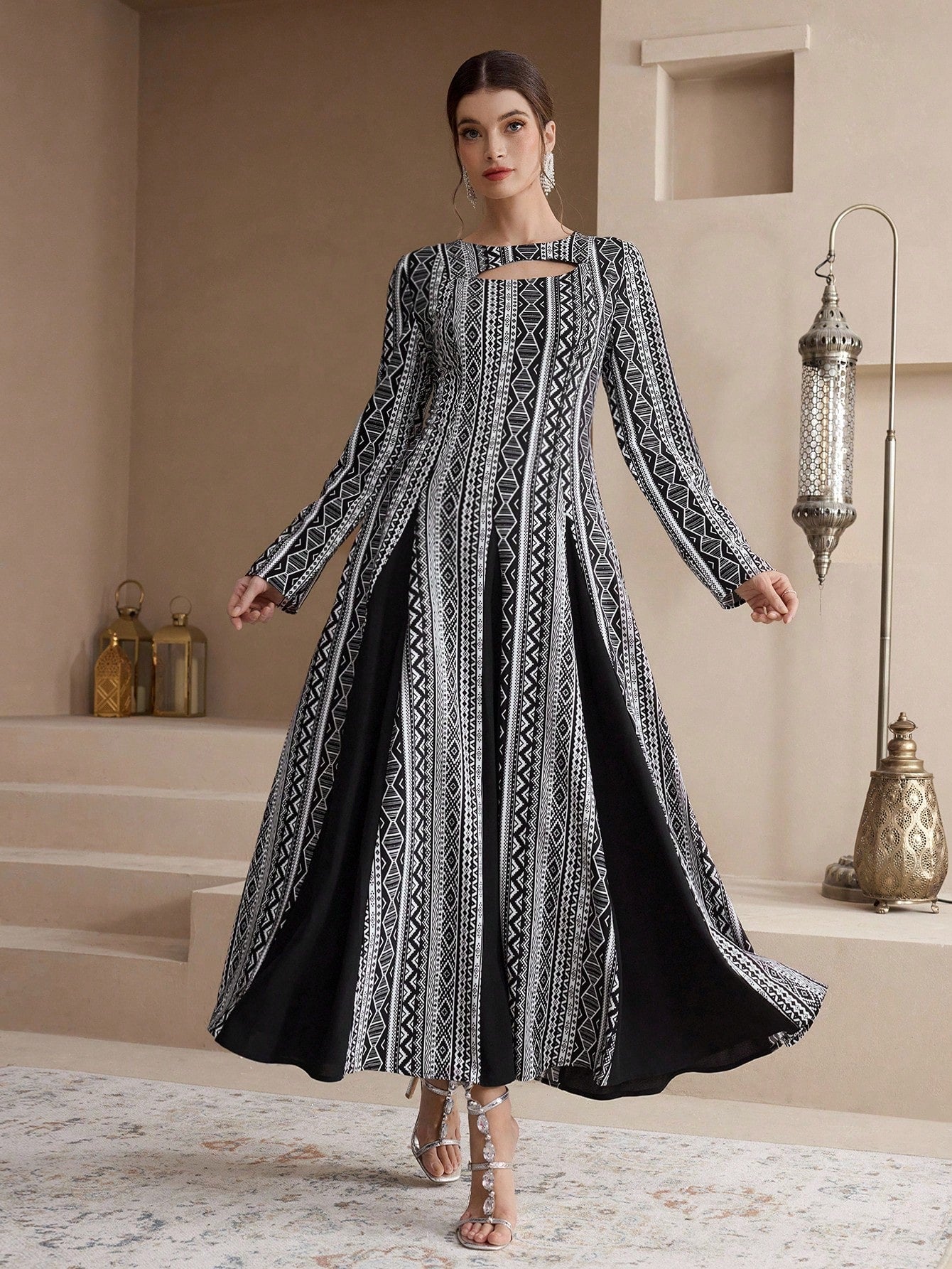 Women's Elegant Geometric Print Patchwork Arabic Style Dress