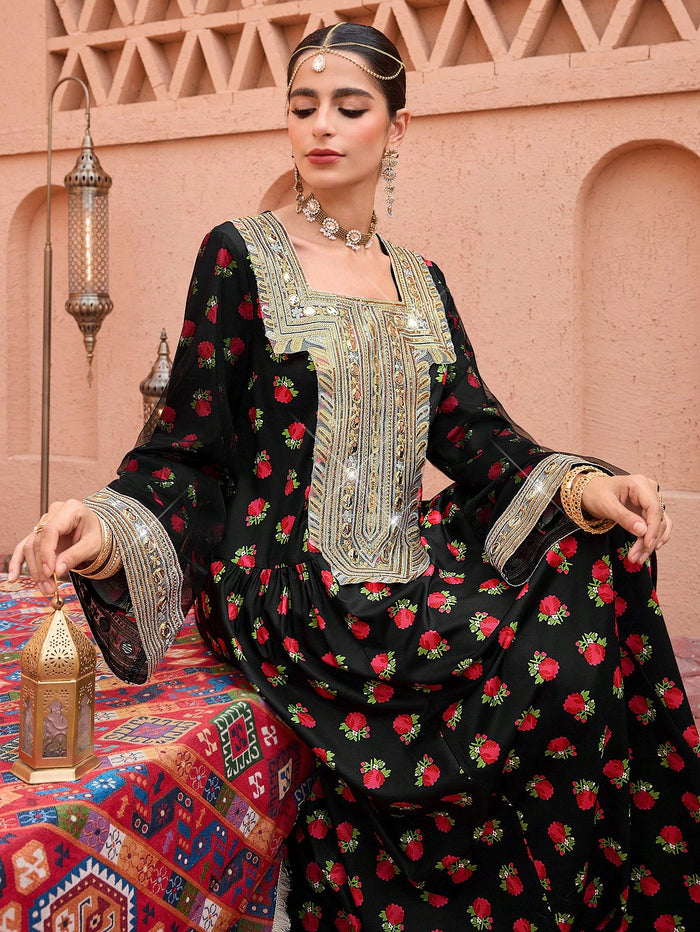 Boat Neck Traditional Shalky Print Romantic Elegant Loose Long Sleeve