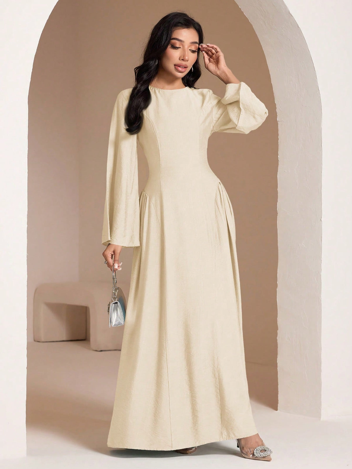 Modest Long-Sleeve Dress with Back Tie