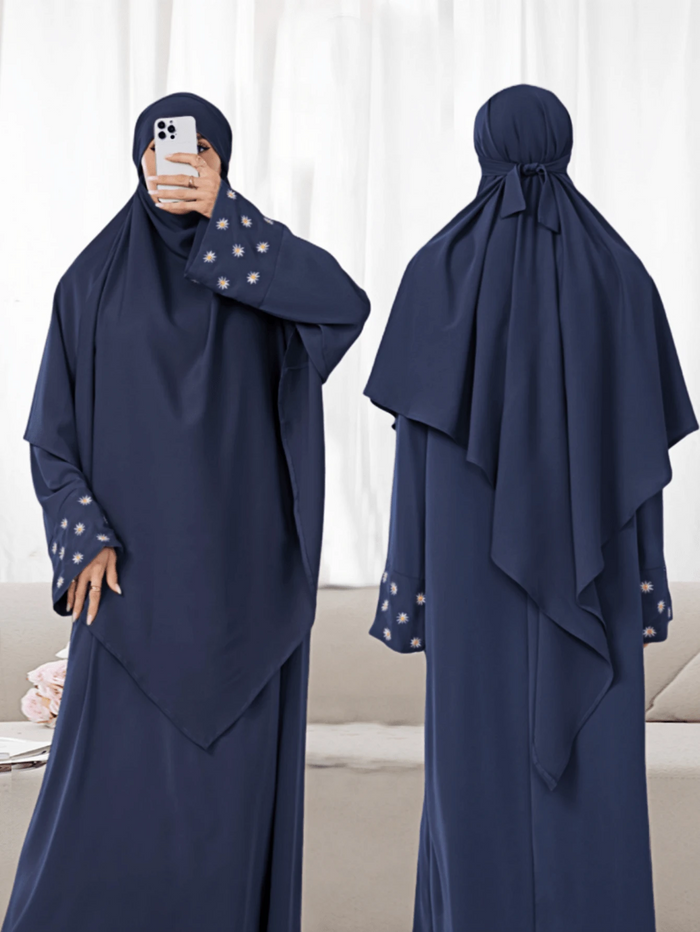 Set: Khimar Hijab Prayer Headscarf + Abaya with Embroidered Cuffs