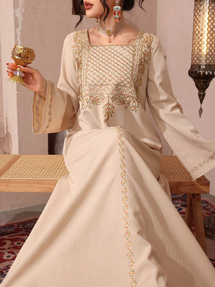 Colorful Embroidered Square Neck Elegant Dress