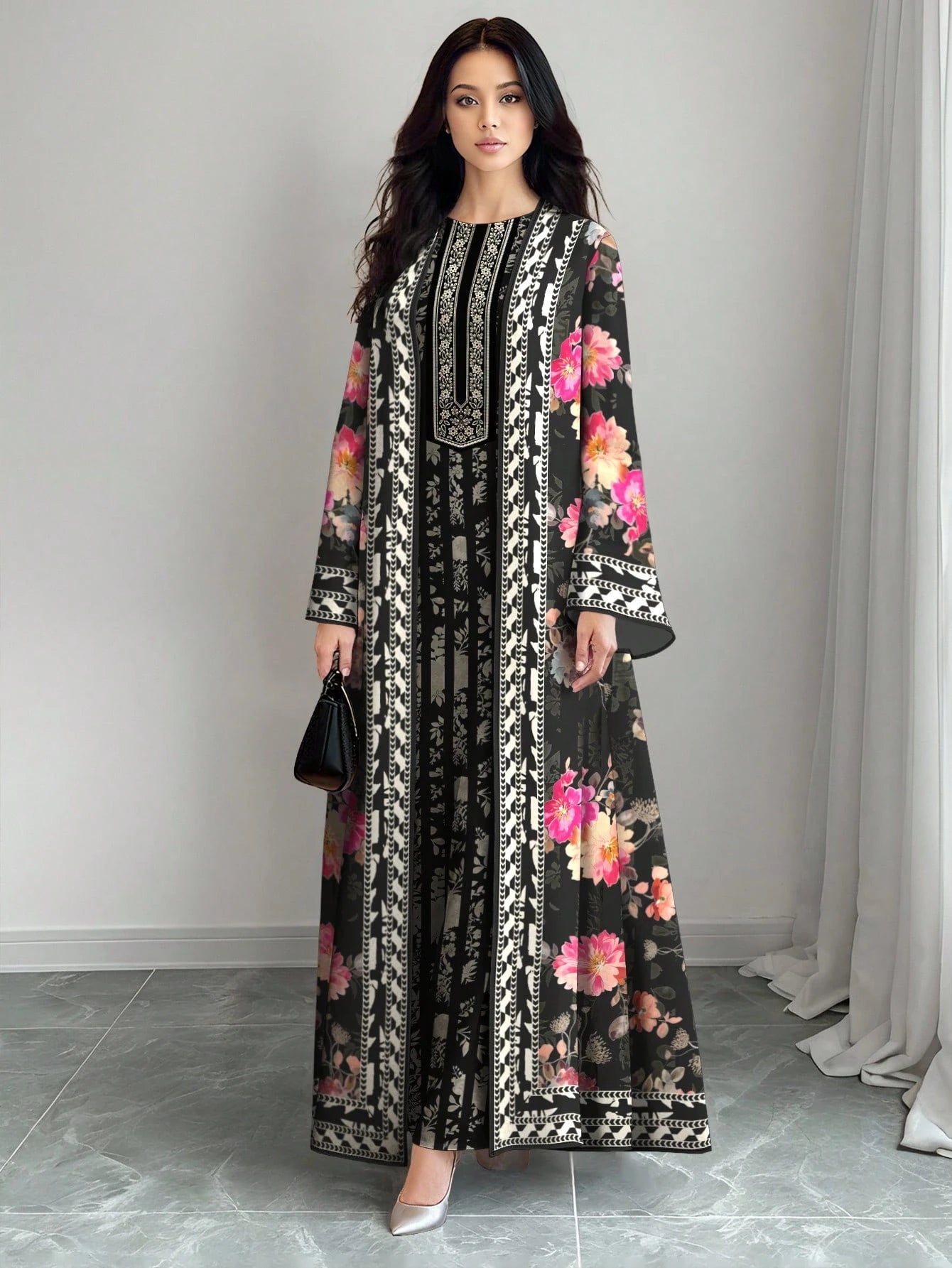 Women's Floral & Plant Pattern with Striped Silhouette Print Long