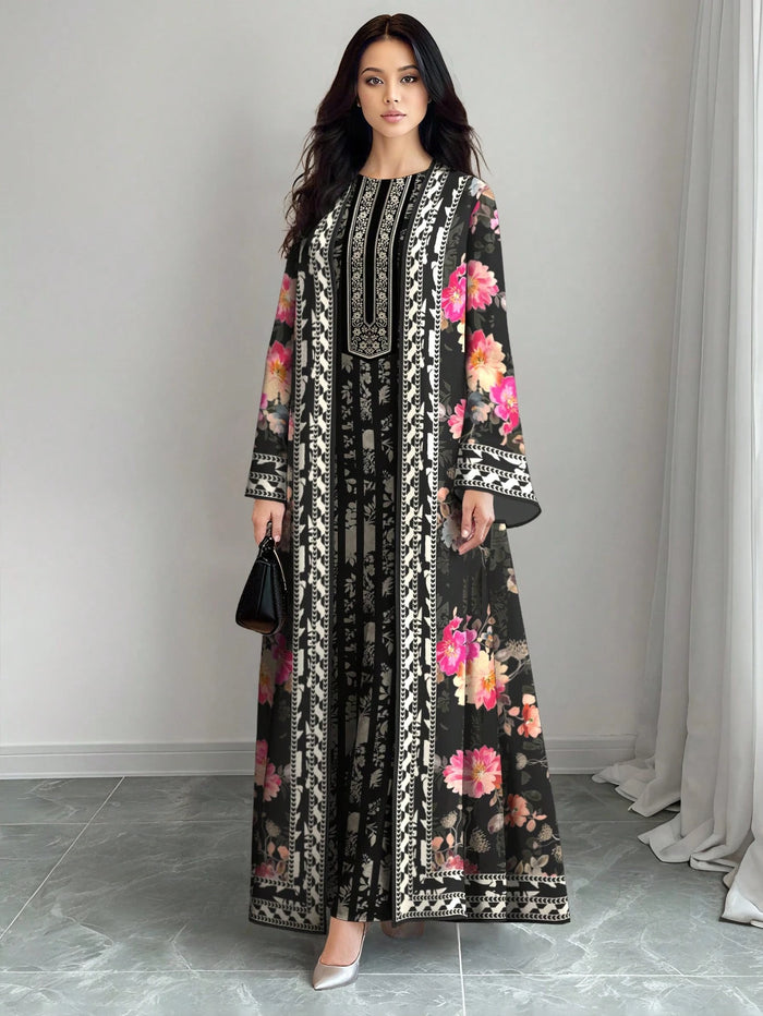 Women's Floral & Plant Pattern with Striped Silhouette Print Long