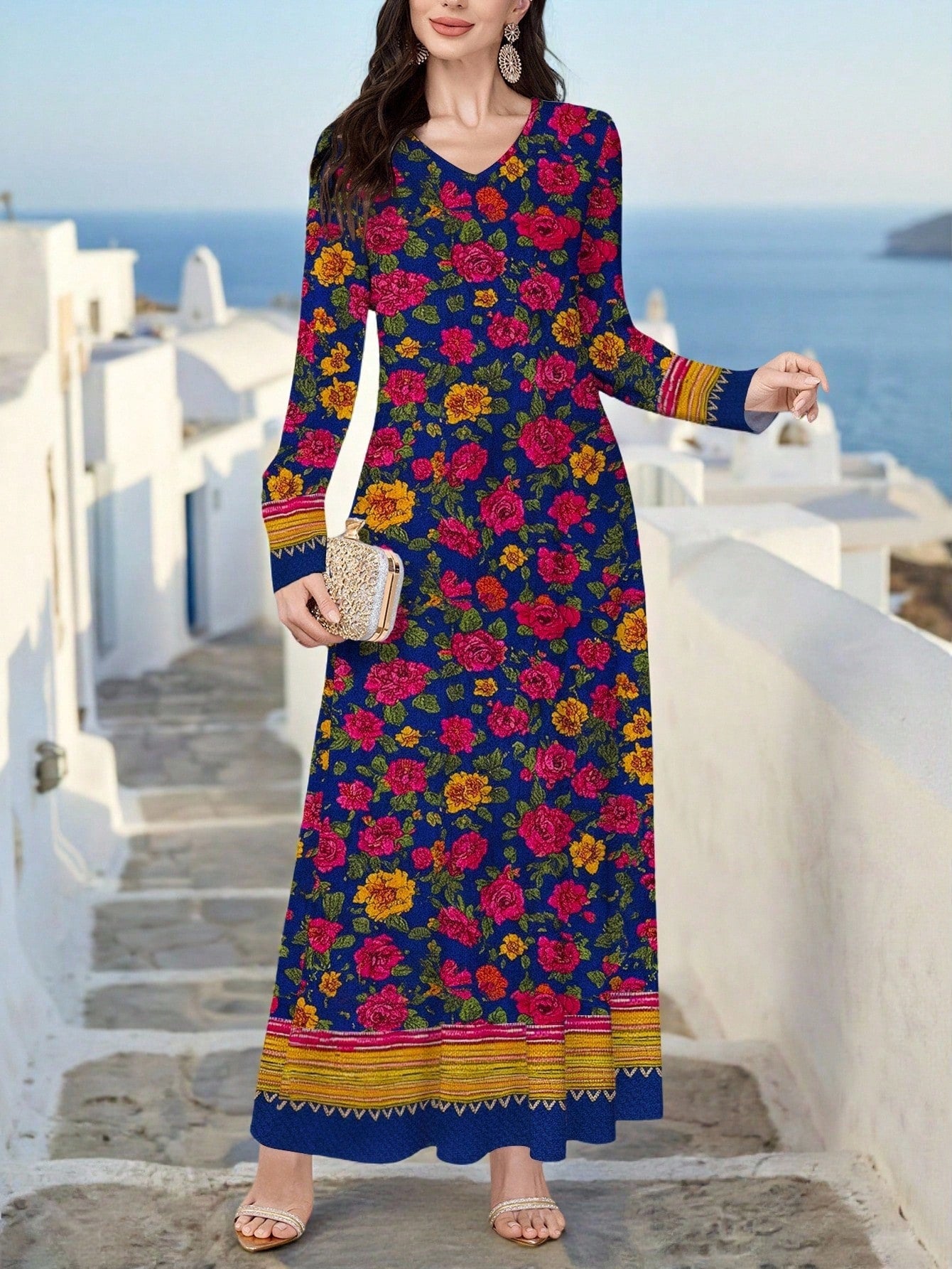 Women's Elegant V-neck Long Sleeve Floral Print Knit Dress