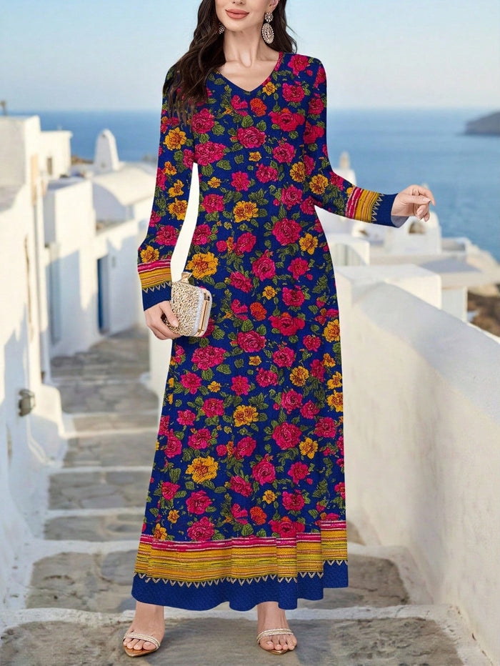 Women's Elegant V-neck Long Sleeve Floral Print Knit Dress