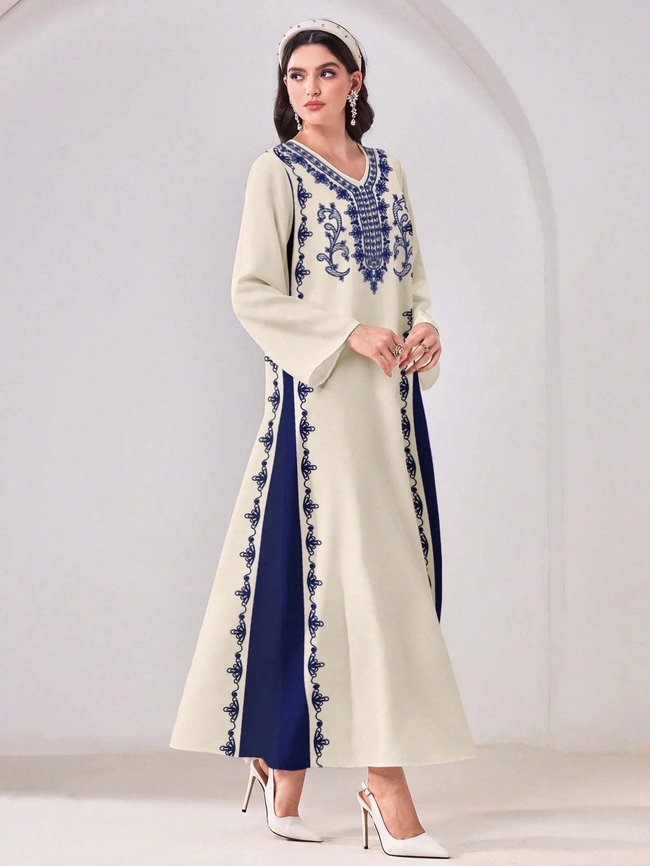 Casual Floral Print V-neck Long Sleeve Modest Arabic Dress