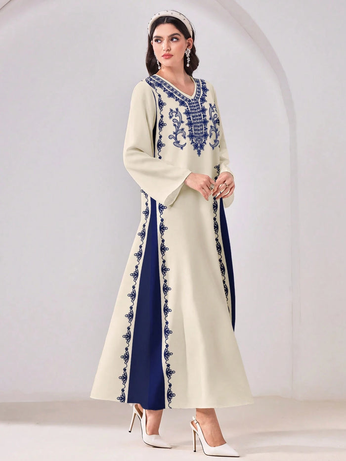 Casual Floral Print V-neck Long Sleeve Modest Arabic Dress