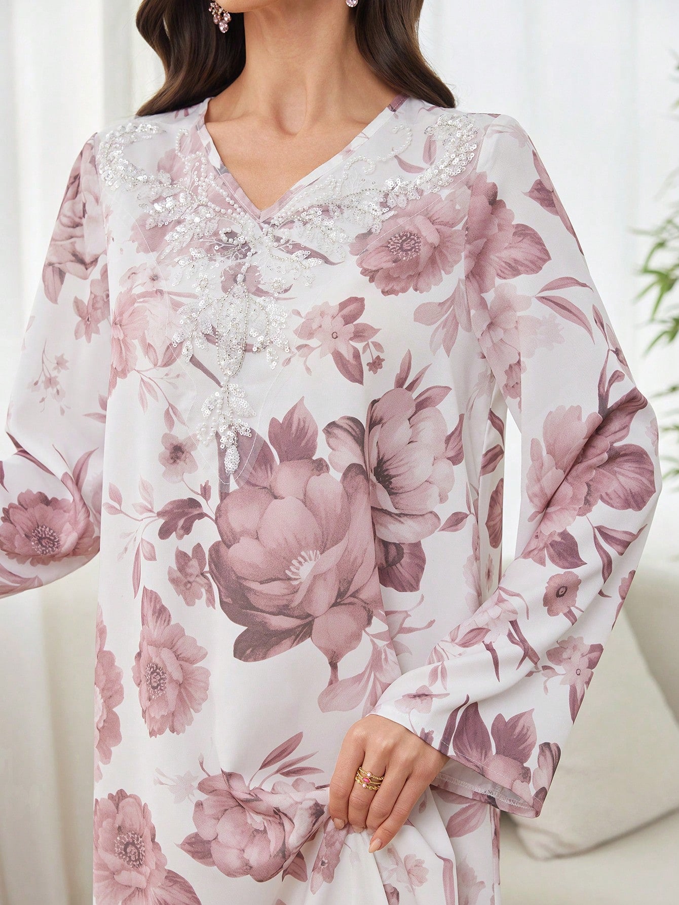 Women's V-neck Long Sleeve Casual Loose Traditional Print Dress