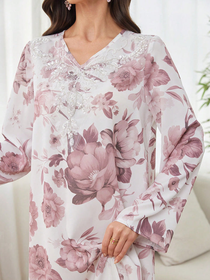 Women's V-neck Long Sleeve Casual Loose Traditional Print Dress