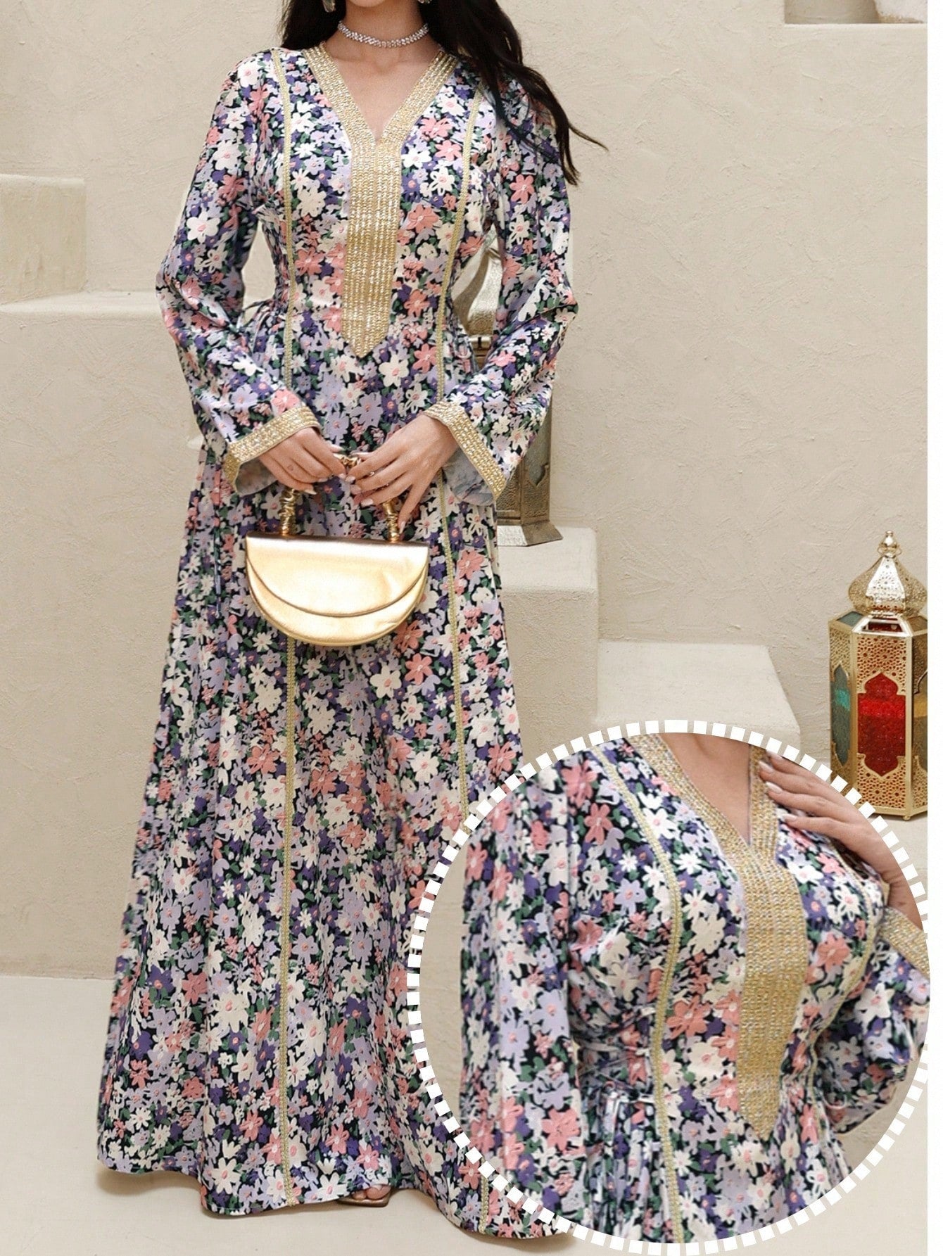 Women's Floral Print V-neck Applique Long Sleeve Turkish Tunic &