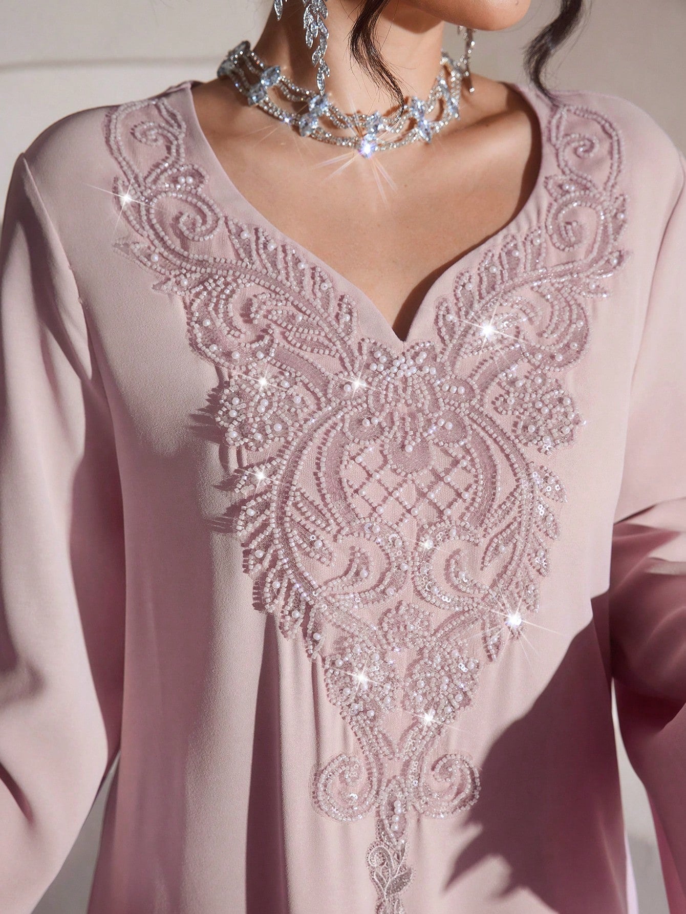 Luxurious Embroidered & Beaded Loose Long Sleeve Split Maxi Dress