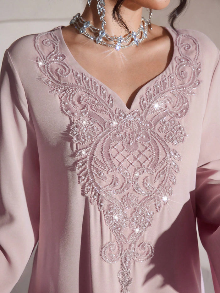 Luxurious Embroidered & Beaded Loose Long Sleeve Split Maxi Dress