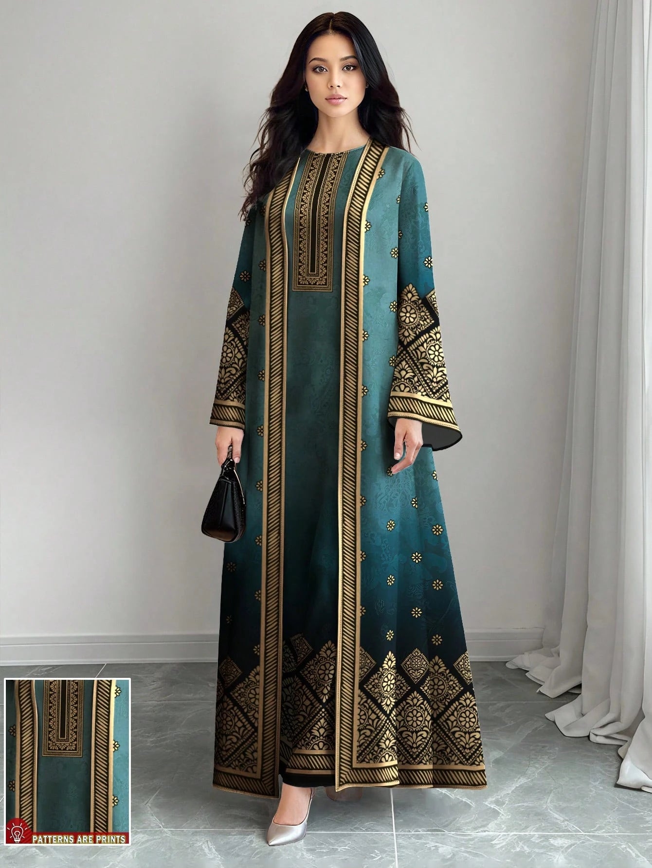 Women's Retro Floral & Botanical Print Long Sleeve Casual Arabic