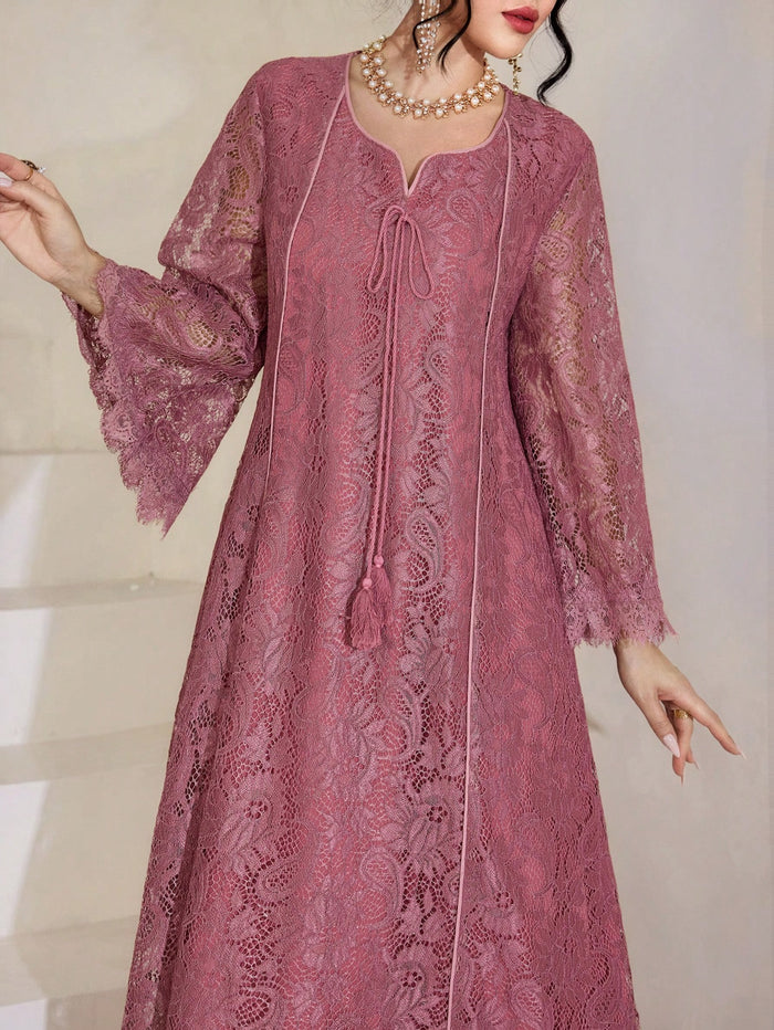Square Neck Lace Tassel 3/4 Sleeve Flared Women's Arabic Dress