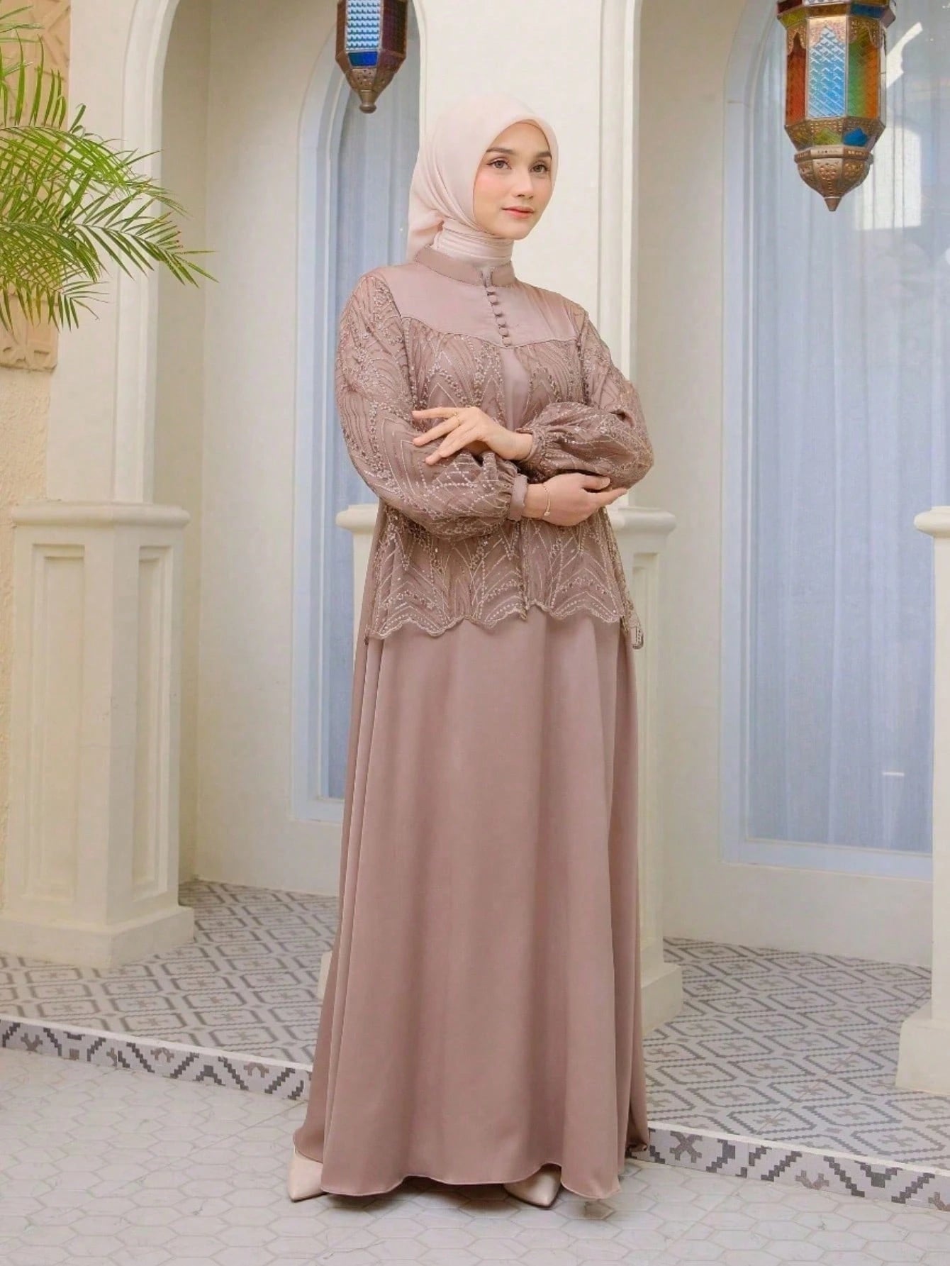 Modest Women's Taupe Embellished Overlay Maxi Abaya Islamic Formal