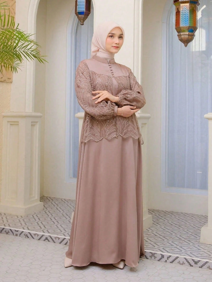 Modest Women's Taupe Embellished Overlay Maxi Abaya Islamic Formal