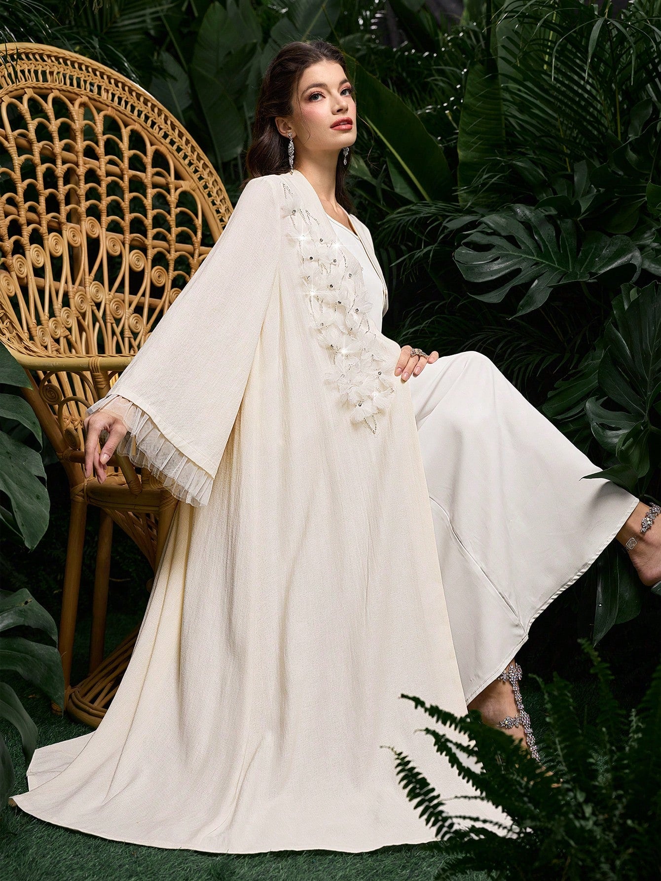 Elegant Pearl Decor Mesh Patchwork Long Sleeve Button Up Abaya for