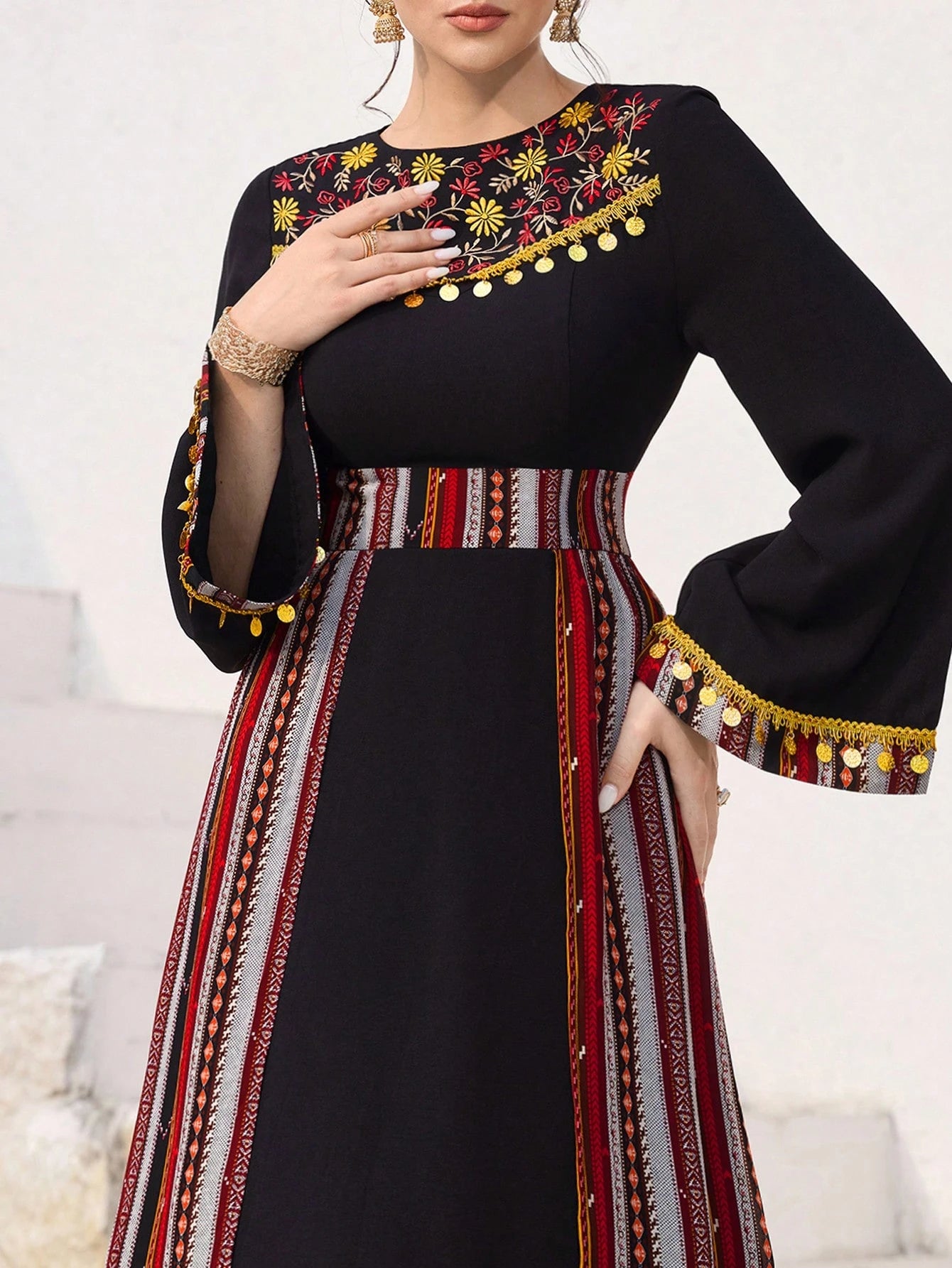 Women's Sequin Fringe Decor Waist Cinched Patchwork Pattern Flare