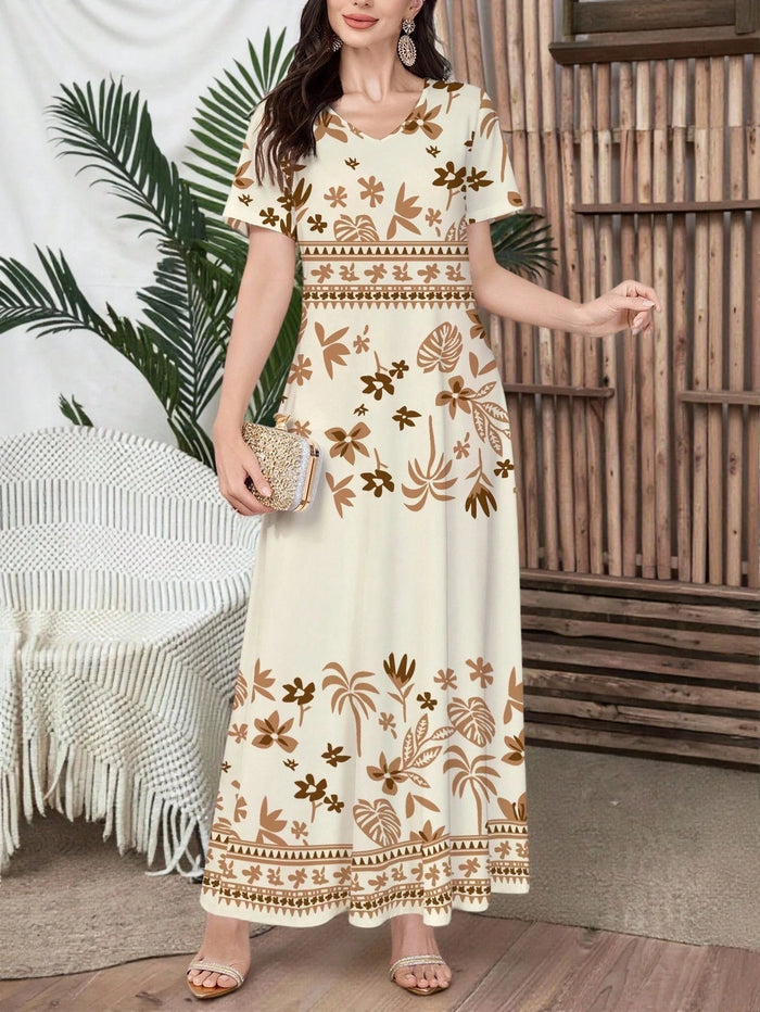 Women's Elegant V-neck Short Sleeve Floral Print Knit Dress