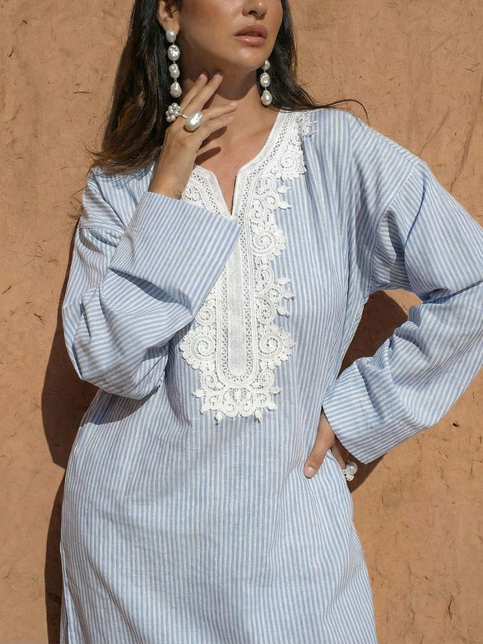 Women's V-neck Contrast Lace Striped Drop Shoulder Loose Dress Cotton