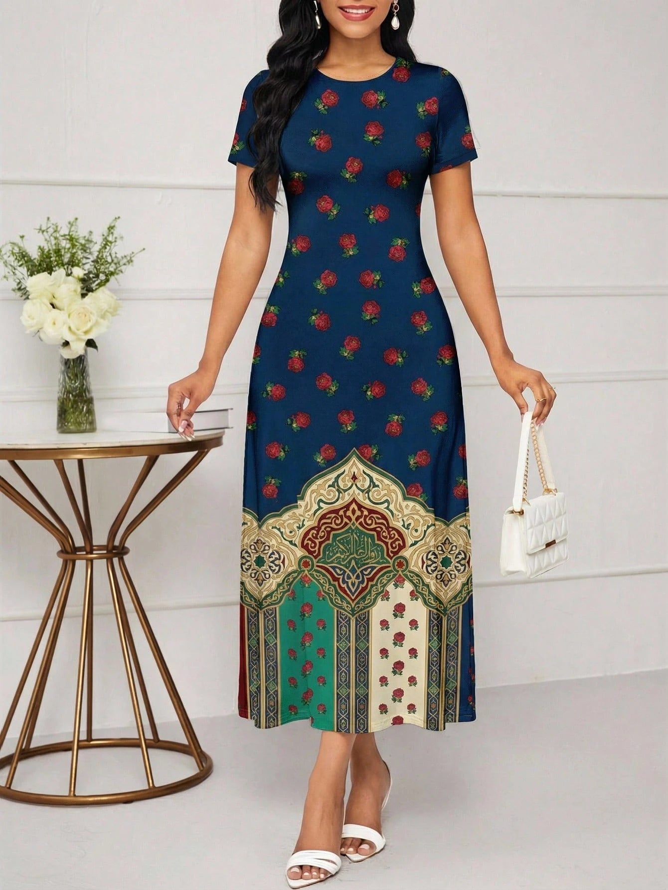 Women's Floral Print Patchwork Color Elegant Waist Cinched Mini Dress