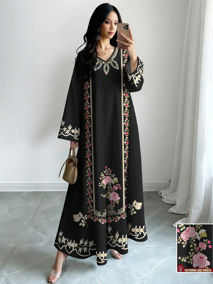 Women's Floral & Botanical Print V-neck Long Sleeve Elegant Arabic