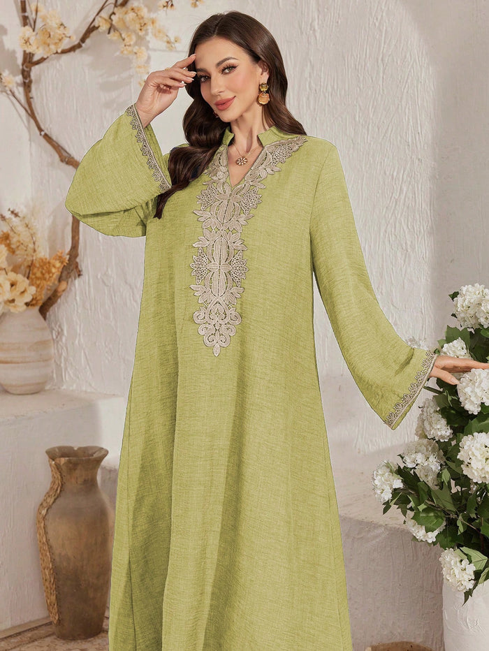 V-neck Long Sleeve Embroidered Collar Dress with Cutout Design