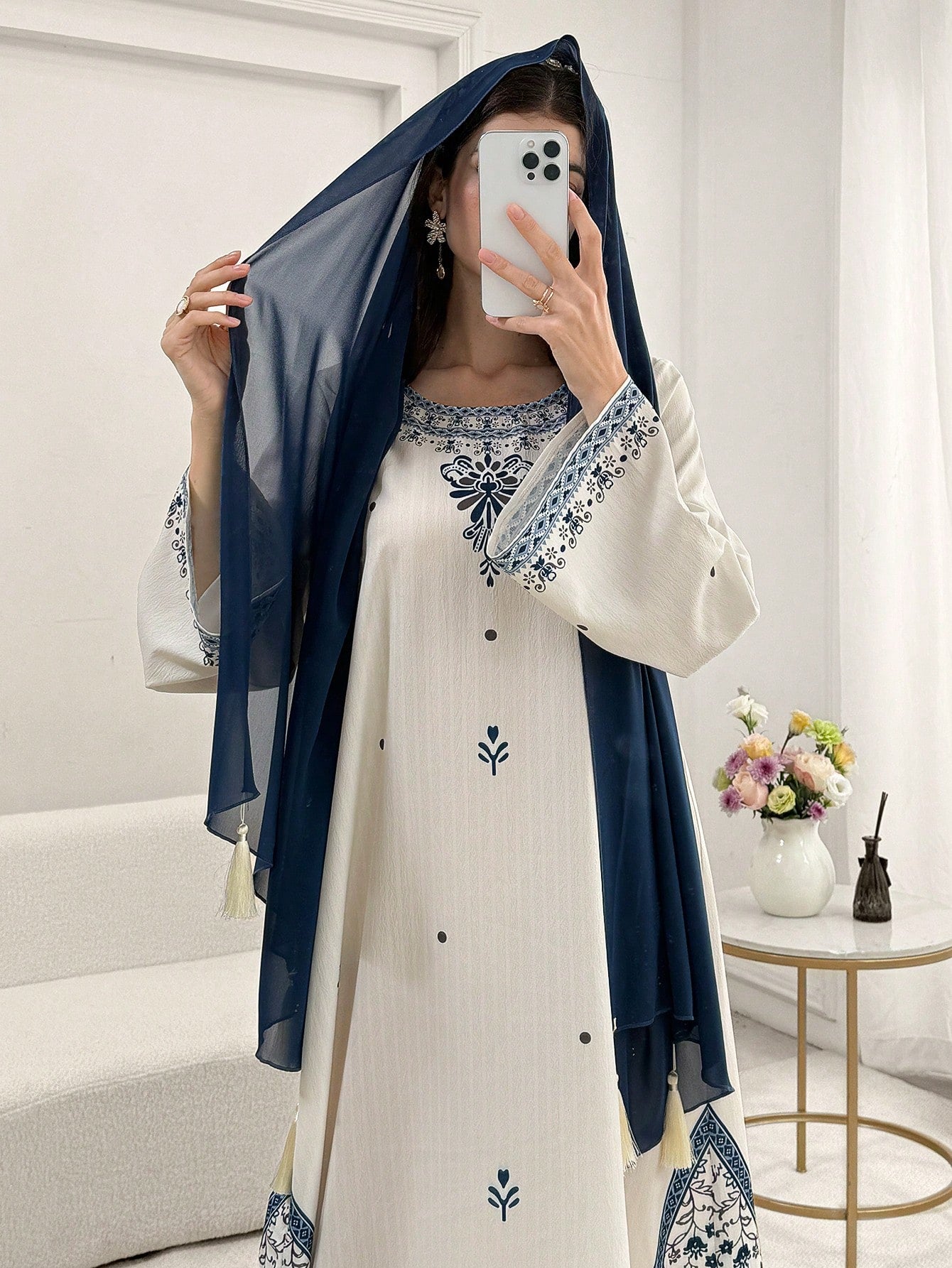 Elegant Blue Floral Print Dress and Tassel Headscarf