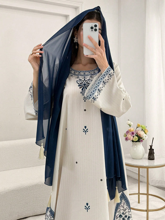 Elegant Blue Floral Print Dress and Tassel Headscarf