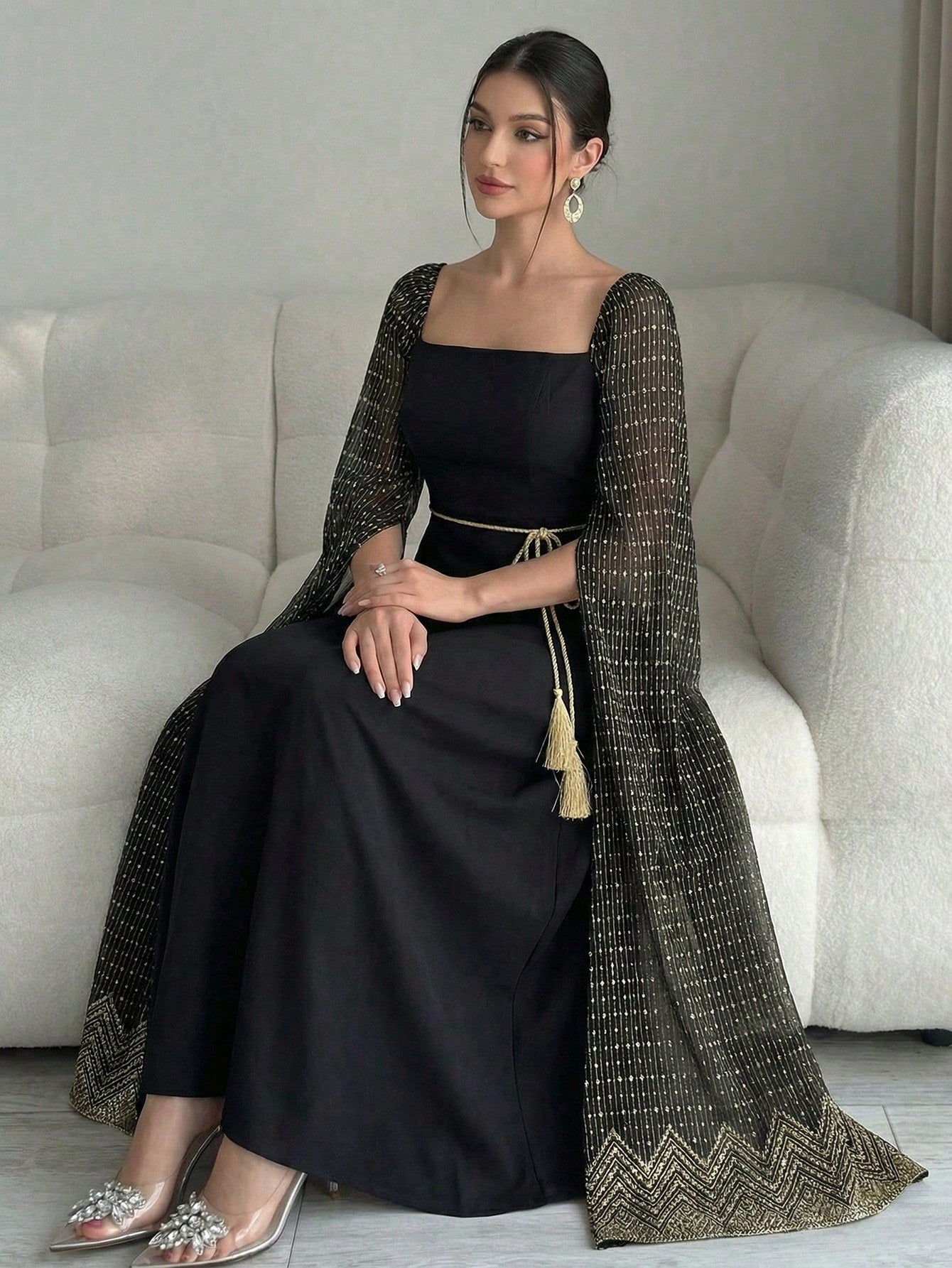 Women's Square Neck Extra Long Sleeve Elegant Arabic Style Dress