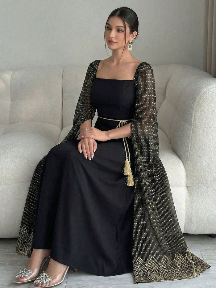 Women's Square Neck Extra Long Sleeve Elegant Arabic Style Dress