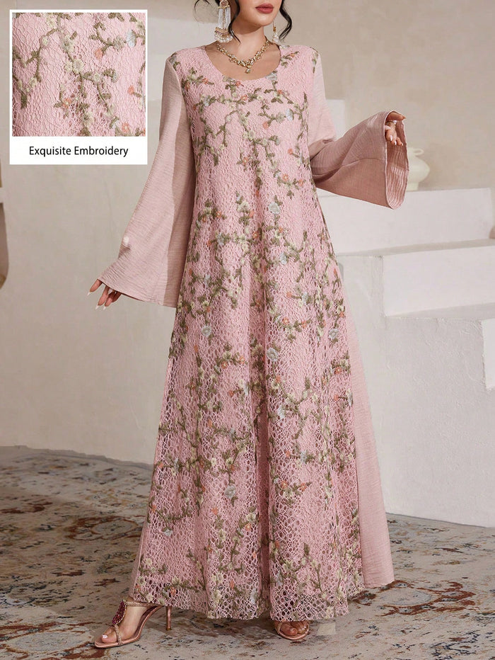 Women's Elegant Floral Embroidery Lace Loose Flare Sleeve Scoop Neck