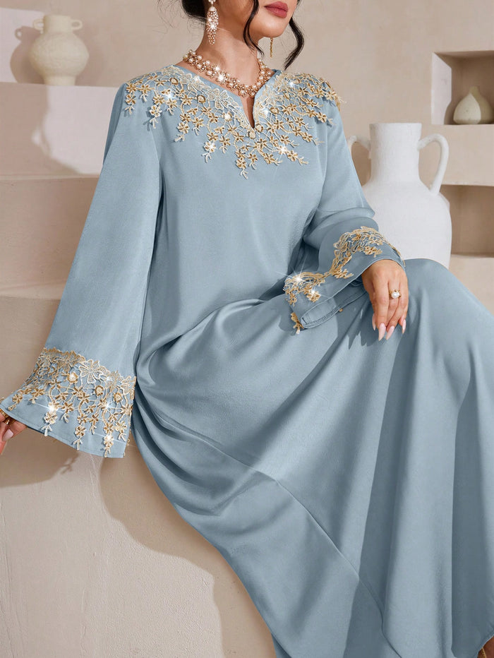 Modest Blue Tunic Long Dress with Notched Neckline and Regular Long