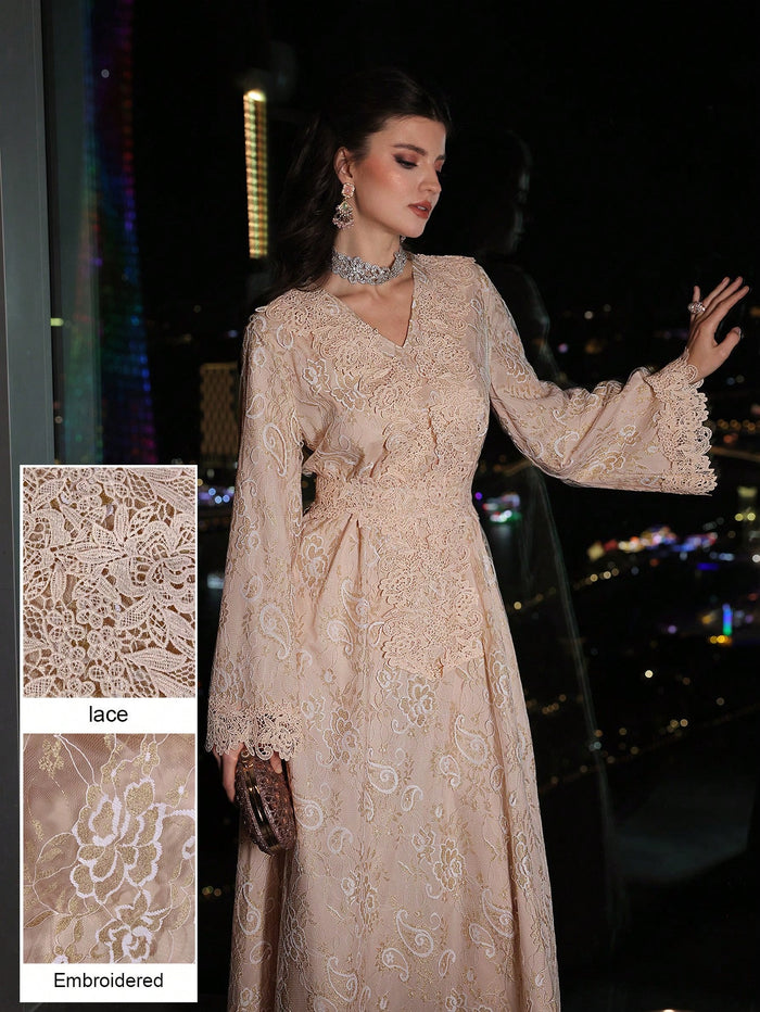 Elegant V-neck Lace Dress with Tie Waist and Ruffle Trim Formal