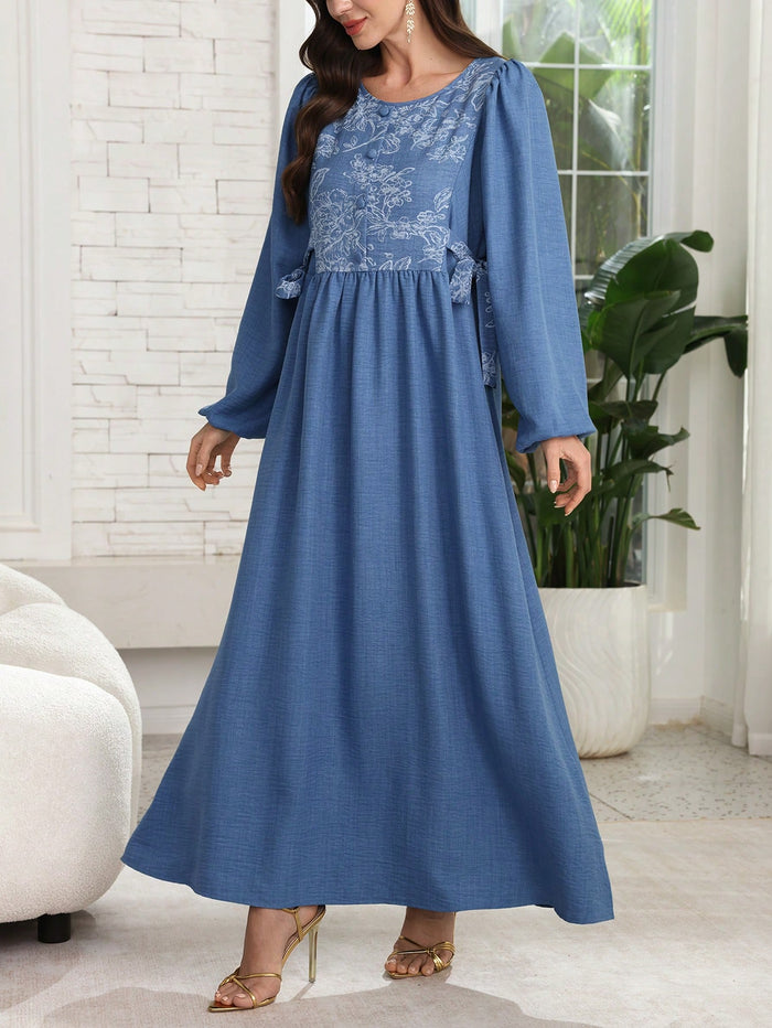 Casual Loose Flared Long Sleeve Solid Color Printed Arabic Style
