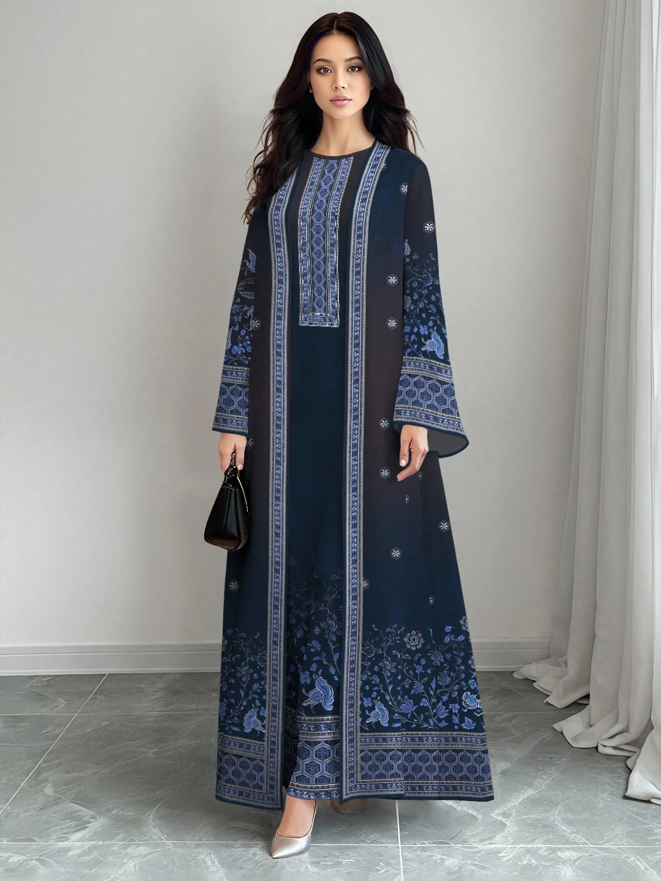 Women's Retro Floral & Plant Print Blue Long Sleeve Casual Arabic