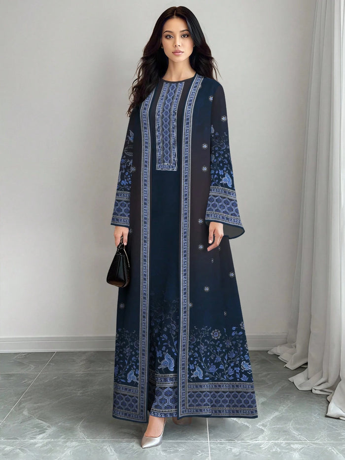 Women's Retro Floral & Plant Print Blue Long Sleeve Casual Arabic