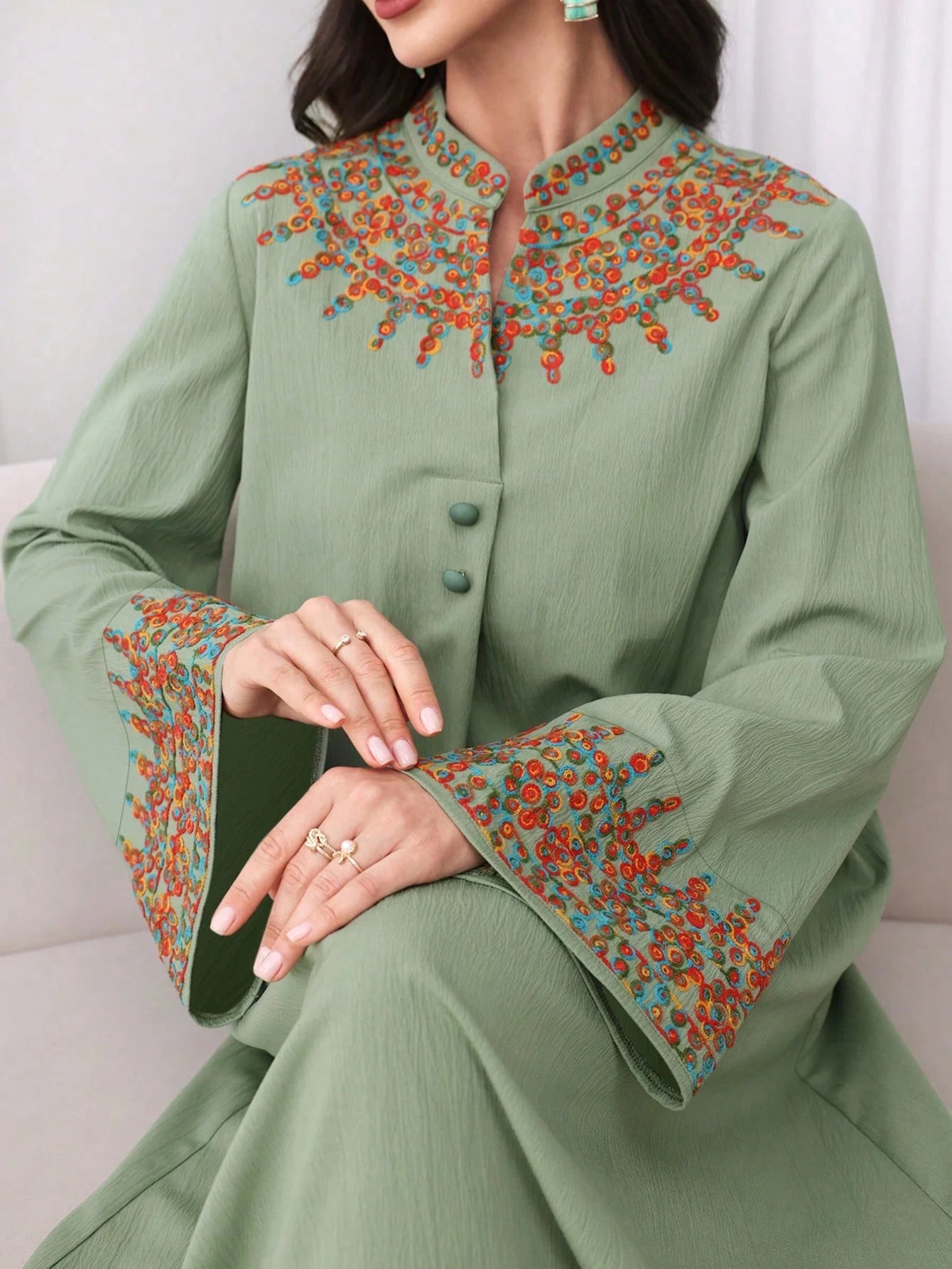V-neck Front Button Bohemian Style Embroidered Arabic Dress