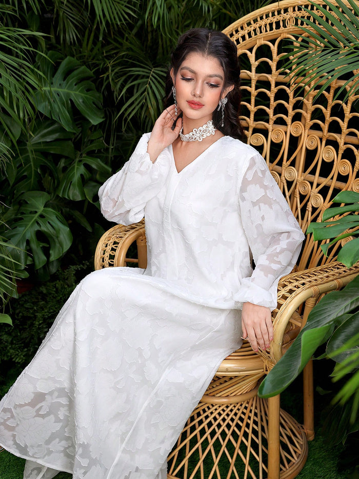 Elegant V-neck Cutout White Lantern Sleeve Blouse