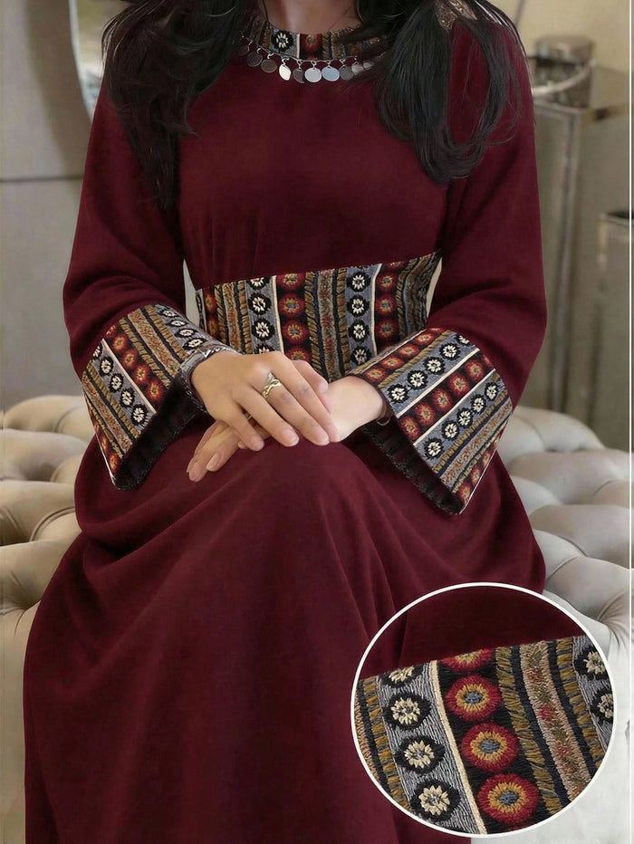 Women's Contrast Color Vintage Long Sleeve Flared Sleeve Waist