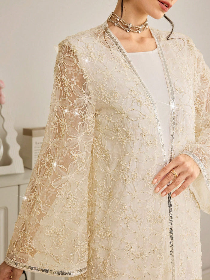 Women's Solid Color Sequin Patchwork Elegant Long Sleeve Abaya