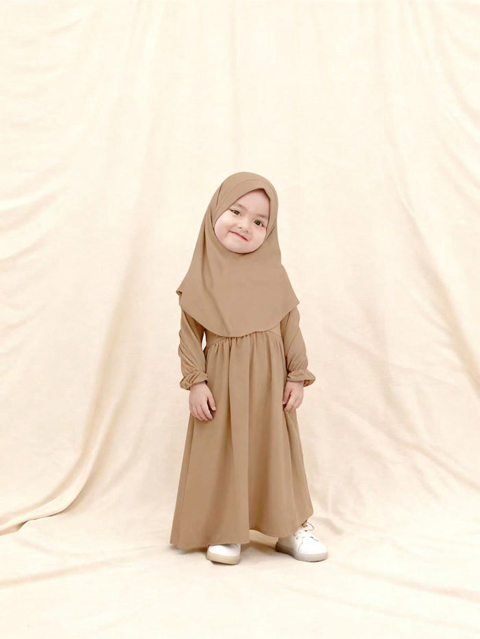 Girls' Long Sleeve Dress & Headscarf Set - Khaki