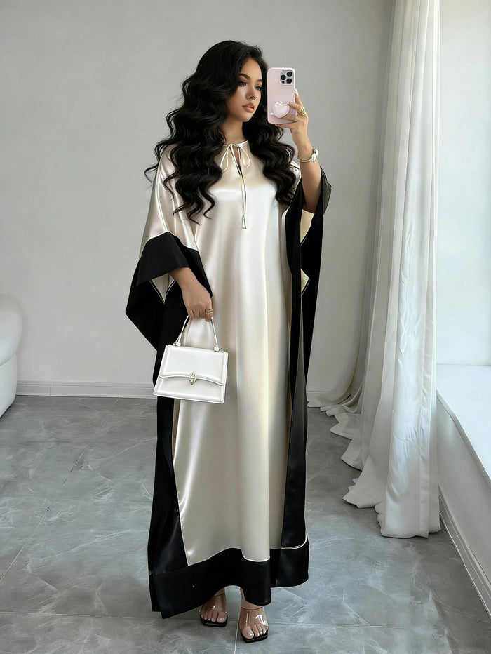 Women S Color Block Round Neck Drawstring Waist Loose Elegant Dress