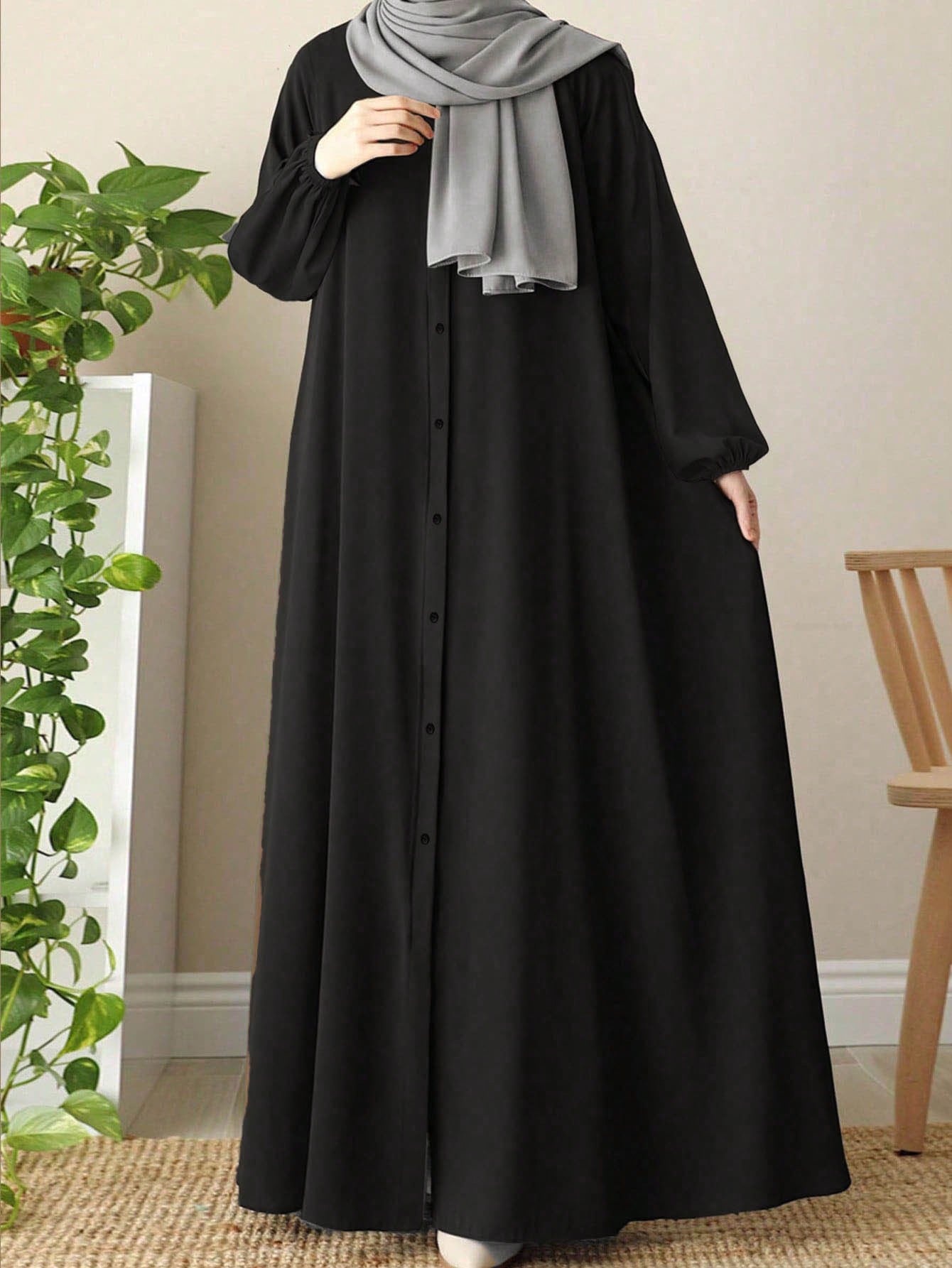 Elegant Arabic Style Solid Color Lantern Sleeve Long Loose