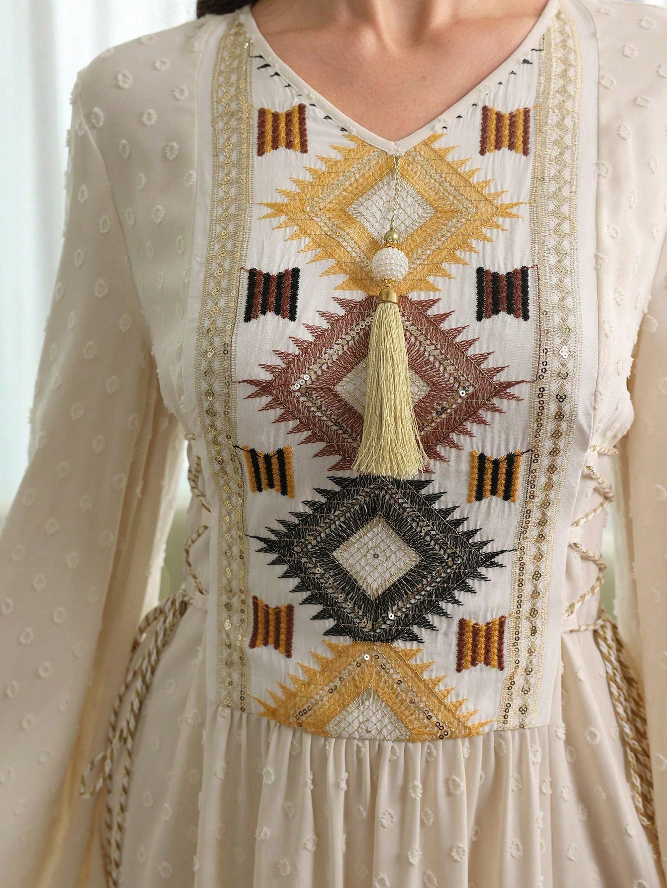 Women's Brown Woven Jacquard Long Sleeve Embroidered Tie-waist A-line