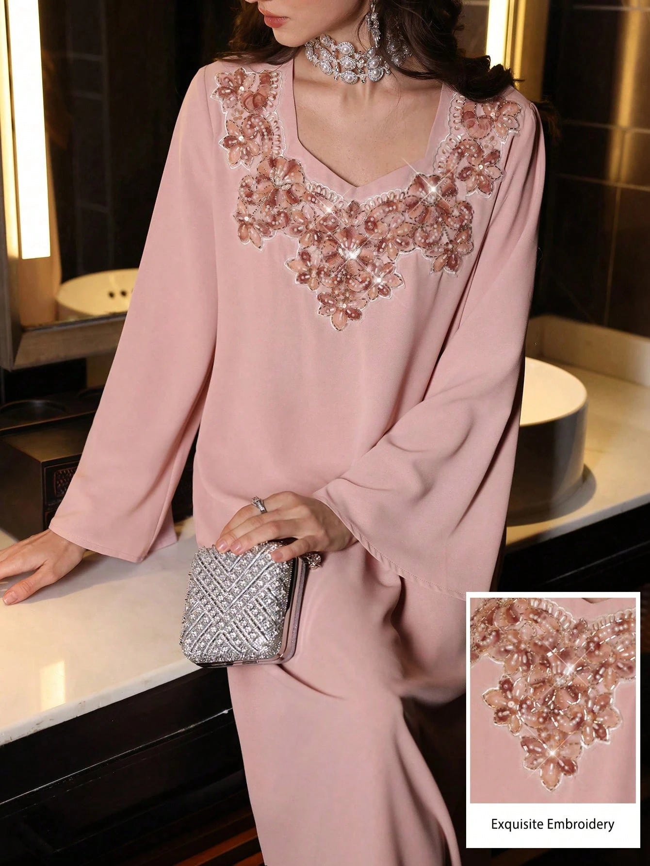 Solid Color Asymmetric Neck Loose Long Sleeve Elegant Luxurious Dress